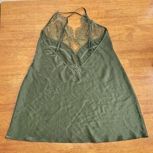Victoria's Secret Satin and Lace Slip Dress Olive Green Nightgown size L